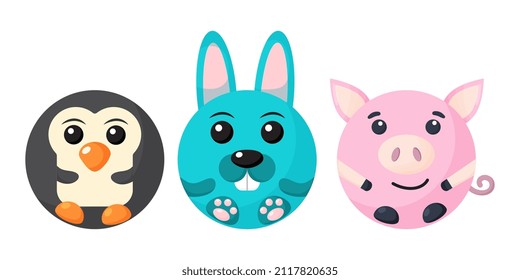 Cute cartoon round animal penguin, rabbit, pig face, vector zoo sticker isolated on white background.