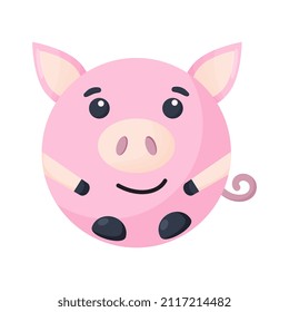 Cute cartoon round animal pig face, vector zoo sticker isolated on white background. 