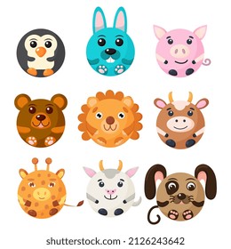 Cute cartoon round animals face, vector zoo sticker isolated on white background