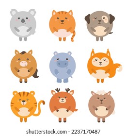 Cute cartoon round animals set. Vector illustration of different animals.