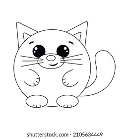 Cute cartoon round Cat. Draw illustration in black and white