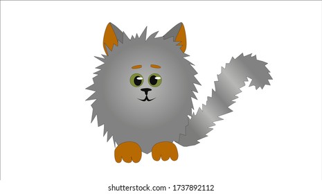 Cute cartoon round gray cat kitten on white background