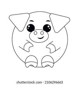 Cute cartoon round Pig. Draw illustration in black and white