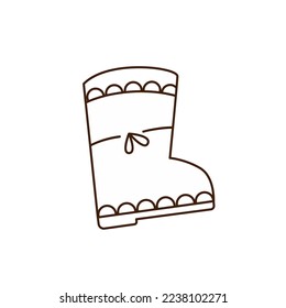 Cute cartoon rubber boot with girlish pattern and little bow. Doodle outline black and white vector drawing.
