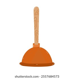 Cute cartoon rubber toilet plunger with wooden handle to unclog plumbing, pipe at sink, toilet. Hand drawn tool for housekeeping and clean up clogging. Funny clipart isolated on white background