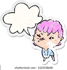 cute cartoon rude girl with speech bubble distressed distressed old sticker