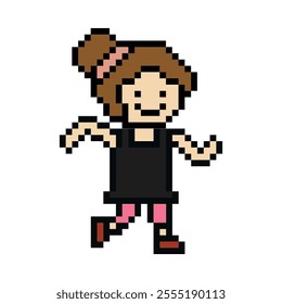 Cute cartoon run exercise pixel cartoon 8bit character woman lady run or running jog cardio lifestyle for decoration life style 8 bit female jog marathon exercise vector.