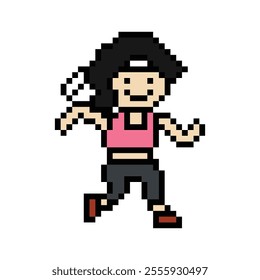 Cute cartoon run exercise pixel cartoon 8bit character woman lady run or running jog cardio lifestyle for decoration life style 8 bit female jog marathon exercise vector.