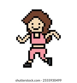 Cute cartoon run exercise pixel cartoon 8bit character woman lady run or running jog cardio lifestyle for decoration life style 8 bit female jog marathon exercise vector.