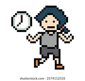 Cute cartoon run exercise pixel cartoon 8bit character woman lady run running jog cardio lifestyle decoration life style 8 bit female jog marathon exercise game 8 bit game vector.