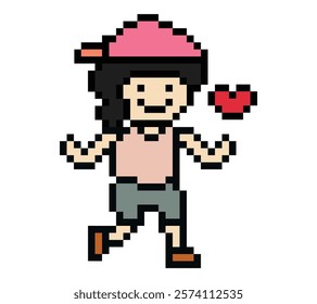 Cute cartoon run exercise pixel cartoon 8bit character woman lady run running jog cardio lifestyle decoration life style 8 bit female jog marathon exercise game 8 bit game vector.