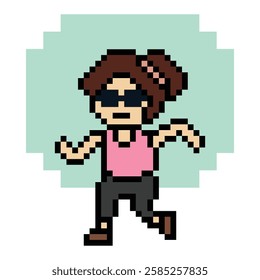 Cute cartoon run exercise pixel cartoon 8bit character woman lady run running jog cardio lifestyle decoration life style 8 bit female jog marathon exercise game 8 bit game vector.