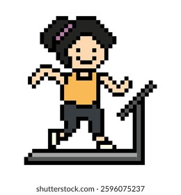 Cute cartoon run exercise pixel cartoon 8bit character woman lady run running jog cardio lifestyle decoration life style 8 bit female jog marathon exercise game 8 bit game vector.