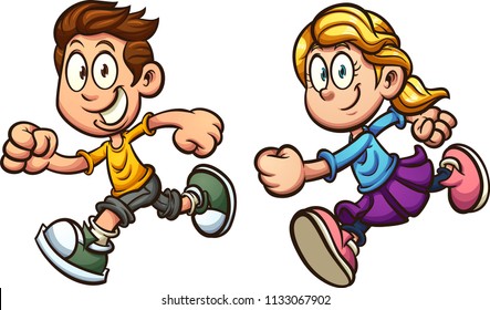 Cute cartoon running boy and girl. Vector clip art illustration with simple gradients. Each on a separate layer. 