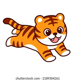 Dibujo lindo de caricatura corriendo o saltando dibujos de tigres. Una pequeña y divertida salta de tigre. Ilustración de imágenes de clip vectorial aislado.