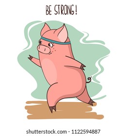Cute cartoon running pig. Vector fitness illustration.