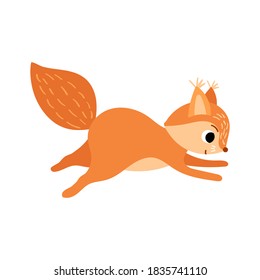 Cute cartoon running squirrel. Side view. Funny woodland character isolated on white background. Vector illustration.