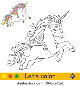 Cute cartoon running unicorn. Coloring book page with colorful template. Vector cartoon isolated illustration. For coloring book, print,game, education, party,baby shower, design,decor and apparel