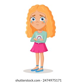 Cute cartoon sad crying girl character.