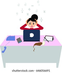 Cute cartoon of Sad and depress busy life working freelance computer business and accounting young woman officer and lab top notebook,telephone,calculator,coffee cup,table on white background vector