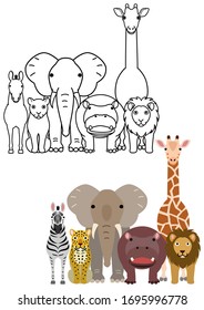 cute cartoon safari animals group set