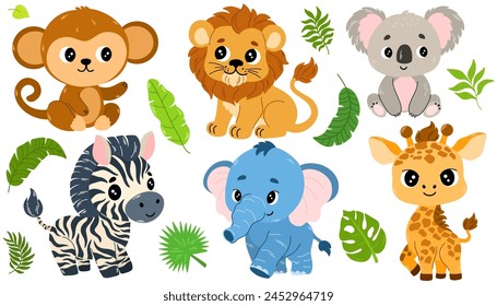 Cute cartoon Safary animals. Lion, zebra, koala, elephant, giraffe, monkey. Childish vector illustration in flat style. For poster, greeting card and baby design.