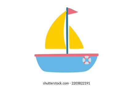 Cute cartoon sailboat clipart. Simple sail boat flat vector illustration. Minimalist boat with sail, flag and life ring cartoon style icon. Baby boat toy hand drawn vector design. Kid bath toy concept