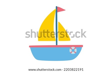 Cute cartoon sailboat clipart. Simple sail boat flat vector illustration. Minimalist boat with sail, flag and life ring cartoon style icon. Baby boat toy hand drawn vector design. Kid bath toy concept