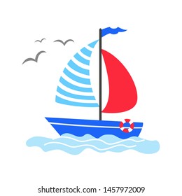 Cute cartoon sailboat on the white background. Vector illustration. 