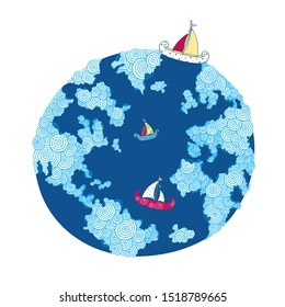 Cute cartoon sailboat traveling around the world to protect the environment.