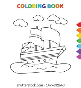 cute cartoon sailing ship in a ocean coloring book for kids. black and white vector illustration for coloring book. sailing ship in a ocean concept hand drawn illustration