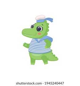 Cute cartoon sailor crocodile in marine hat, flat vector illustration isolated.