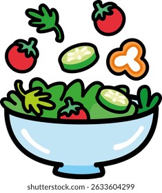 Cute cartoon salad bowl with fresh vegetables flying in the air. Colorful vector illustration for healthy eating and diet themes
