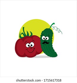 Cute cartoon salad friends. Happy tomato and cucumber.