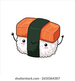 Cute cartoon salmon nigiri sushi with smiling face and raised hands, wrapped in nori, on a white background. Perfect for kawaii food-themed designs.

