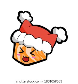 Cute cartoon salmon sushi smile with Christmas red hat, icon, emoji element on white silhouette. Doodle black line decoration for logo, planner, card and any design. Vector illustration about holiday.