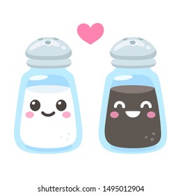 Cute Cartoon Salt And Pepper Shaker Couple With Smiling Faces. Kawaii Characters Drawing, Vector Clip Art Illustration.