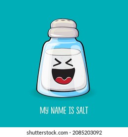 Cute cartoon salt shaker with smiling faces isolated on turquoise background. Funky Kawaii salt character. My name is salt concept illustration for printing on tee 