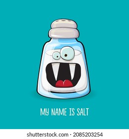 Cute cartoon salt shaker with smiling faces isolated on turquoise background. Funky Kawaii salt character. My name is salt concept illustration for printing on tee 