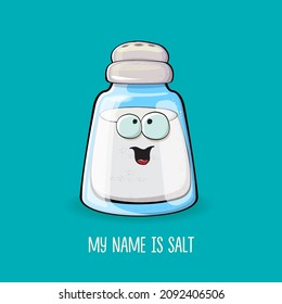 Cute cartoon salt shaker with smiling faces isolated on turquoise background. Funky Kawaii salt character. My name is salt concept illustration for printing on tee