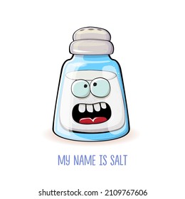 Cute cartoon salt shaker with smiling faces isolated on white background. Funky Kawaii salt character. My name is salt concept illustration for printing on tee
