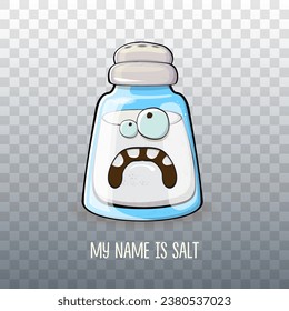 Cute cartoon salt shaker with smiling faces isolated on transparent background. Funky Kawaii salt character. My name is salt concept illustration for printing on tee