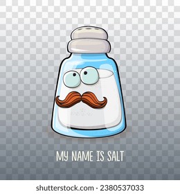 Cute cartoon salt shaker with smiling faces isolated on transparent background. Funky Kawaii salt character. My name is salt concept illustration for printing on tee