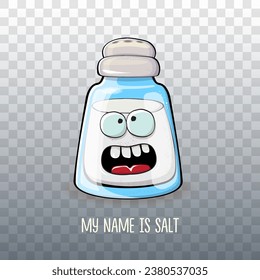 Cute cartoon salt shaker with smiling faces isolated on transparent background. Funky Kawaii salt character. My name is salt concept illustration for printing on tee