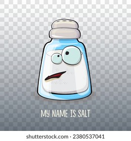 Cute cartoon salt shaker with smiling faces isolated on transparent background. Funky Kawaii salt character. My name is salt concept illustration for printing on tee