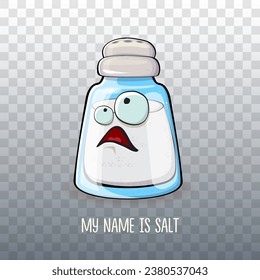 Cute cartoon salt shaker with smiling faces isolated on transparent background. Funky Kawaii salt character. My name is salt concept illustration for printing on tee