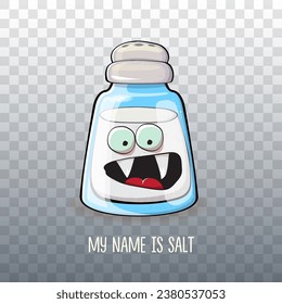 Cute cartoon salt shaker with smiling faces isolated on transparent background. Funky Kawaii salt character. My name is salt concept illustration for printing on tee