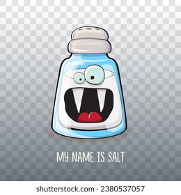 Cute cartoon salt shaker with smiling faces isolated on transparent background. Funky Kawaii salt character. My name is salt concept illustration for printing on tee