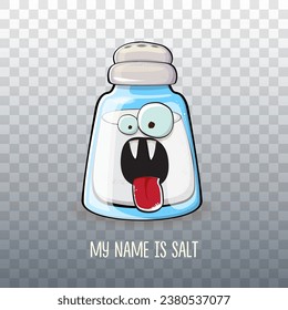 Cute cartoon salt shaker with smiling faces isolated on transparent background. Funky Kawaii salt character. My name is salt concept illustration for printing on tee