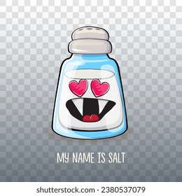 Cute cartoon salt shaker with smiling faces isolated on transparent background. Funky Kawaii salt character. My name is salt concept illustration for printing on tee